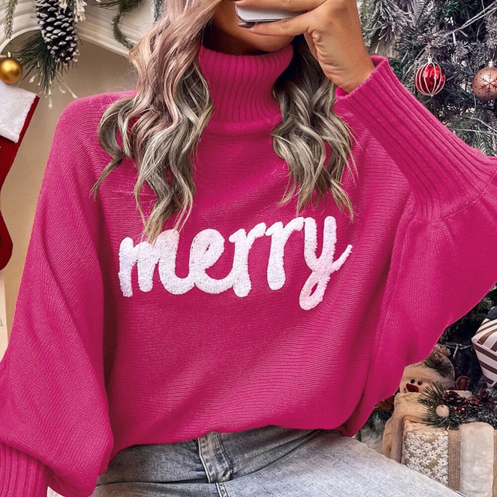 B226 Rose Merry Letter Embroidered High Neck Sweater